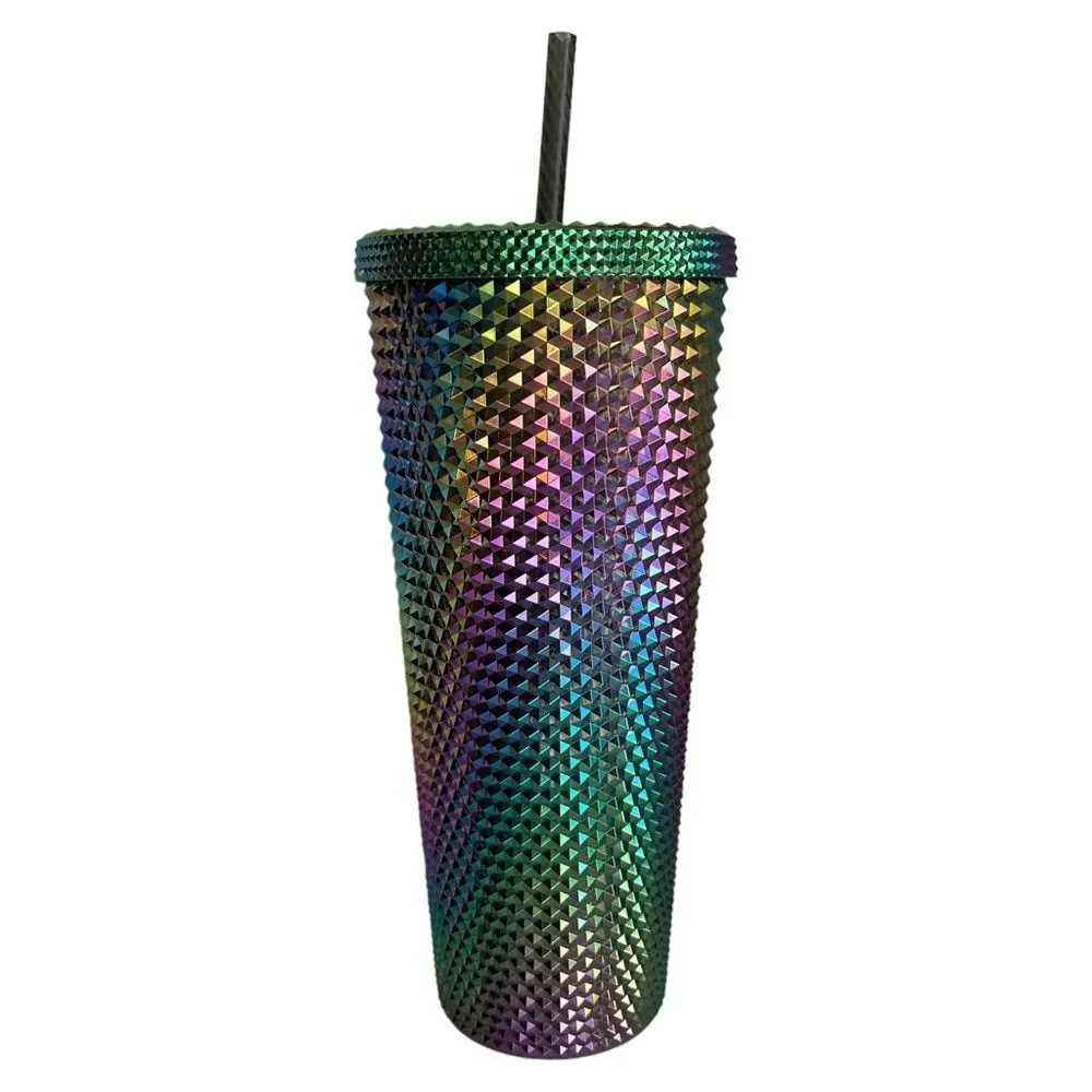 NWT Starbucks OIL SLICK Cold Cup Venti BLACK BLING Tumbler Rainbow Studded 2023